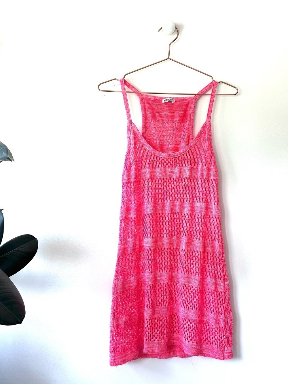 Cenit Knit Neon Pink Open Knit Tank Dress Cover Up Size M Crochet Beach Dress